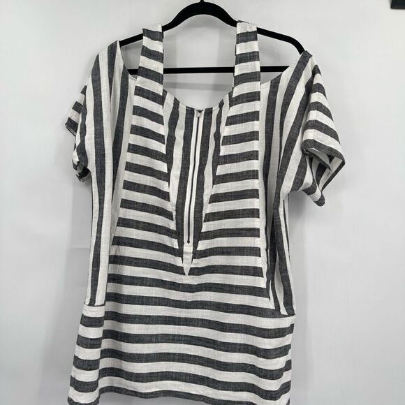Soft Surroundings Gray White Cold Shoulder Linen Blend Stripe Tunic Blouse Large - Picture 4 of 8